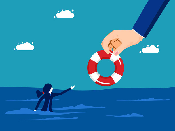 Business bankruptcy assistance concept. businessman on a paper boat and rescues a drowning woman vector - Vector, Image