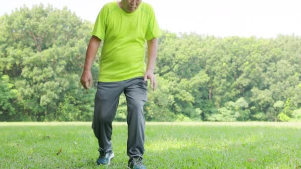 Старший мужчина чувствует боль в колене во время пробежки в парке - Кадры, видео