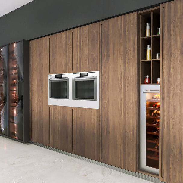 3d візуалізація сучасної кухні з дерев'яним інтер'єром шафи
 - Фото, зображення