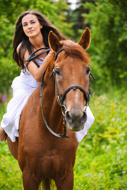 Giovane donna bruna cavalca un cavallo
 - Foto, immagini