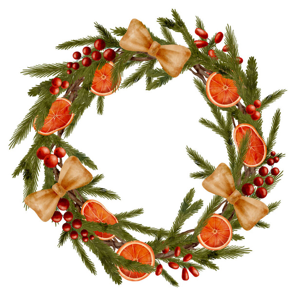 Couronne de Noël aquarelle avec branches de sapin, baies rouges, tranches d'orange séchées, noeud de ruban isolé sur fond blanc. Cadre de bordure d'hiver rond avec des branches d'épinette pour la célébration de Noël - Photo, image