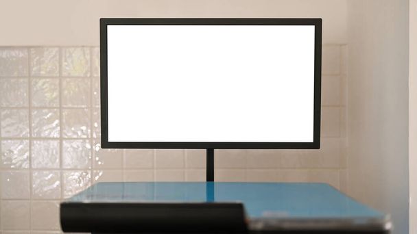 Blank touchscreen monitor of a copy machine in office. Concept of electronic equipment and office supplies for business organization. - Photo, Image