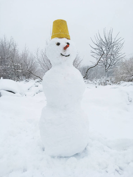 Lumiukko, joka on tehty kolmesta lumipallosta, hänellä on keltainen ämpäri päässään, porkkana nenän ja hiilen sijaan silmien sijaan. Talvimaiseman taustaa vasten. - Valokuva, kuva