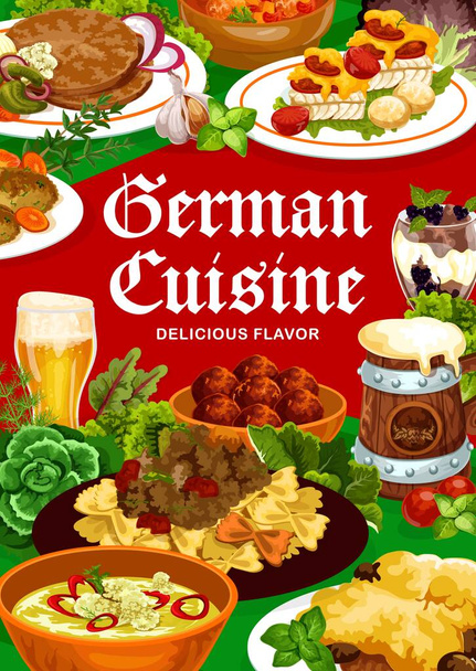 Plats allemands, couverture de menu de restaurant de cuisine allemande, affiche vectorielle. Lancement traditionnel allemand et dîner repas, schnitzel et saucisses wurst au curry, soupes et salades avec dessert et bière - Vecteur, image