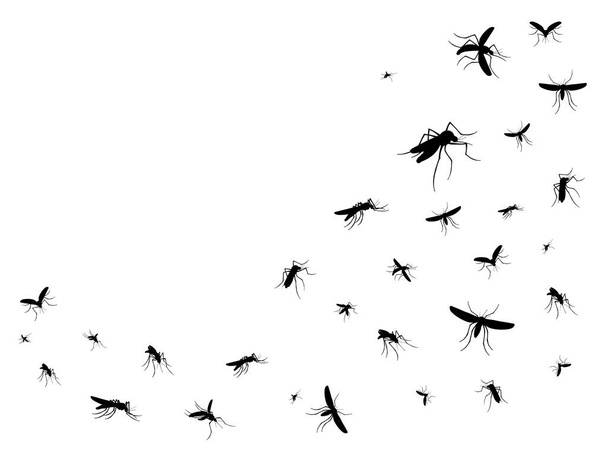 Isolated flying mosquitoes. Black silhouettes of vector pest insects swarm in air. Flock of gnats, malaria, dengue fever or zika virus infected mosquitoes, disease, virus and parasite carrier insects - Vector, Image