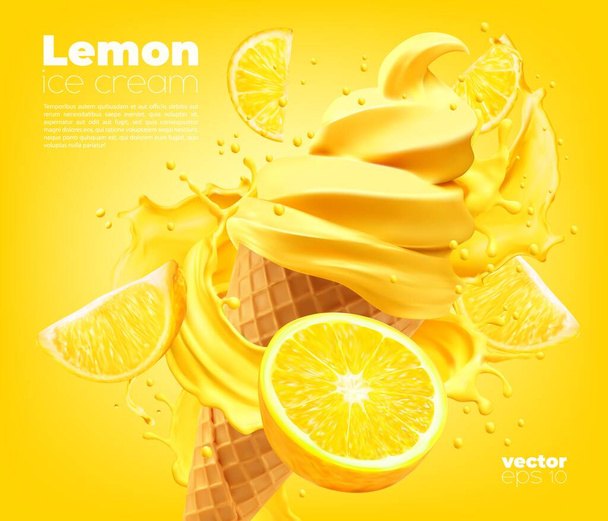 黄色のシロップとジューシーなレモンスライスのスプラッシュと柑橘系のレモンソフトアイスクリームコーン,ベクトル夏のミルクデザート.現実的な3D柑橘類のフルーツアイスやジェラートの渦巻ワッフルコーンソーストッピング - ベクター画像