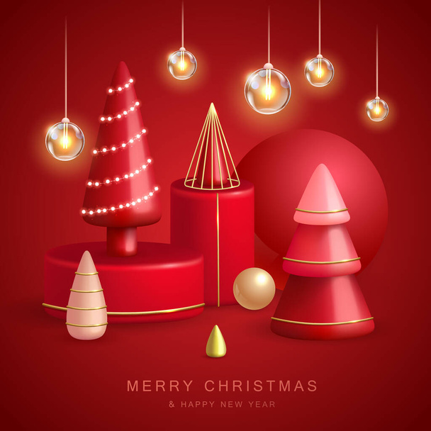 Christmas holiday background with realistic 3D plastic Christmas trees. Merry Christmas and Happy new Year greeting card. Vector illustration - Wektor, obraz