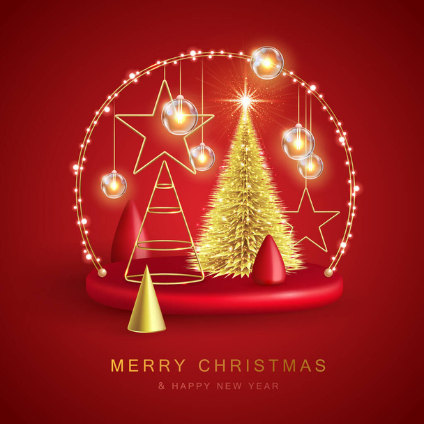 Christmas holiday background with realistic 3D plastic Christmas trees. Merry Christmas and Happy new Year greeting card. Vector illustration - Wektor, obraz