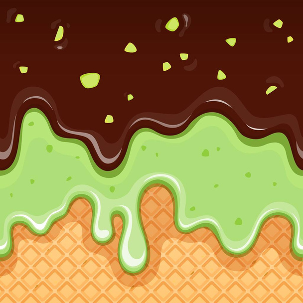 Schokolade Pistazieneis und Waffeln nahtlose Muster, Vektorhintergrund. Schmelzmuster von süßem Eis, Dessertspeise in Waffelkegel mit Schokotropfen oder Flow Tropfen und Pistazien - Vektor, Bild