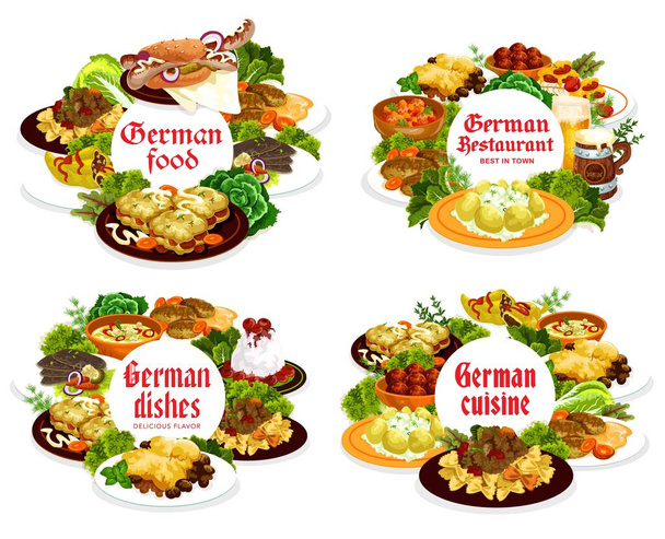 Блюда немецкой кухни, обеды и ужины, векторное меню ресторана. Немецкая традиционная еда шницель и колбасы из карри, запеканка из мяса с овощами, картофель и яблочные блинчики - Вектор,изображение