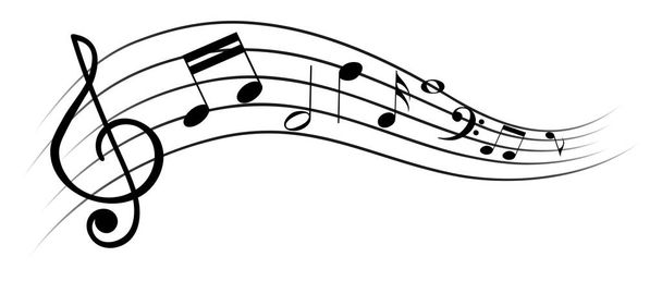 Kézzel rajzolt fekete zenei személyzet tripla clef és különböző jegyzetek hullám design elszigetelt fehér háttérrel. Banner hang, dal, bemutató, audió. - Vektor, kép