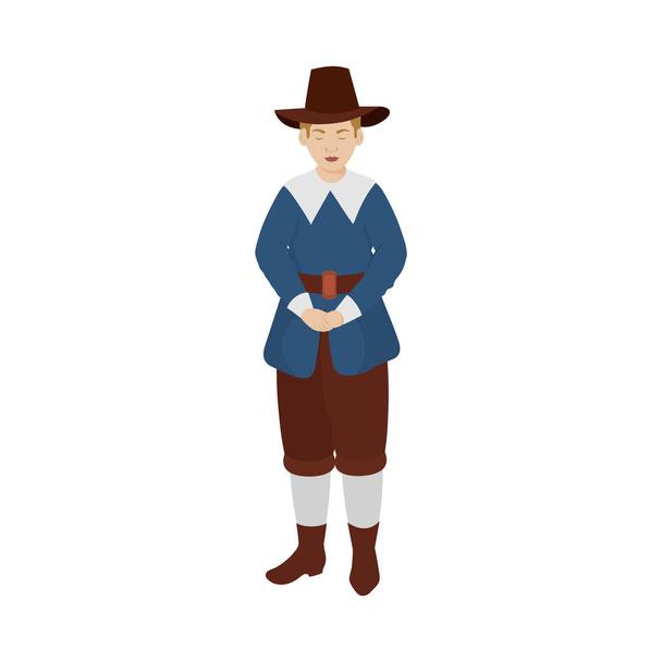 Illustration Of Young Man Dressed As A Pilgrim In Standing Pose On White Background. - ベクター画像