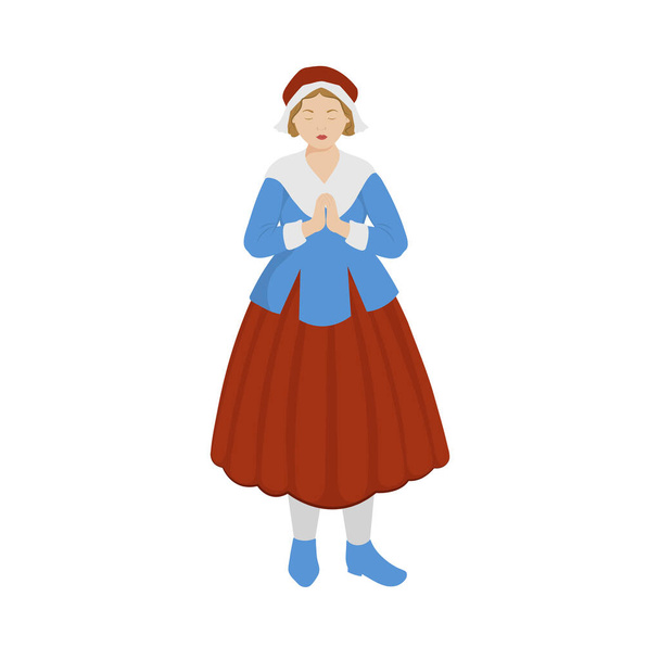 Illustration Of Young Girl Dressed As A Pilgrim In Welcome Pose On White Background. - ベクター画像