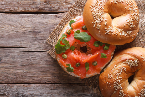  bagel with red fish and soft cheese top view horizontal - Photo, Image