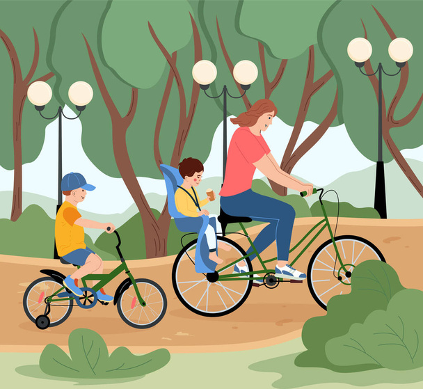 Anne ve çocuklarıyla birlikte şehir parkında bisiklet sürerken çekilmiş yaz tatili. - Vektör, Görsel