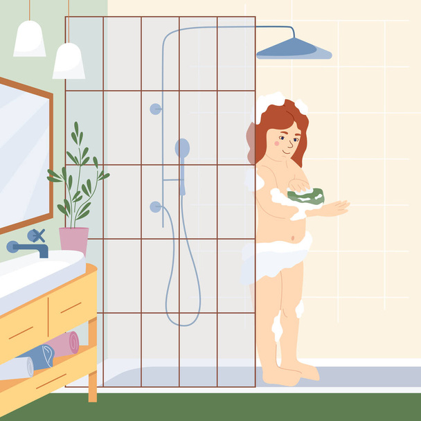 infantile quotidiano routine piatto sfondo con bambina lavaggio in doccia da sola vettore illustrazione - Vettoriali, immagini
