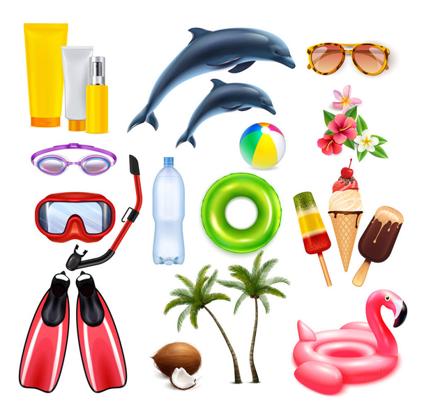 Buceo máscara de snorkel conjunto realista de iconos aislados con accesorios para nadar flotante y protección solar vector ilustración - Vector, Imagen