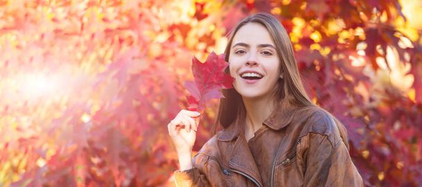 gelukkige vrouw met herfstkleurige bladeren aan de zwanenboom, portret. Herfst herfst vrouw banner met kopieerruimte - Foto, afbeelding