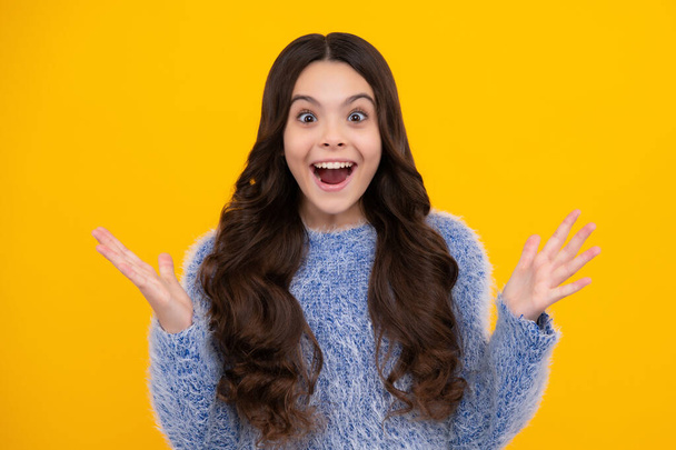 Happy teenager, positive and smiling emotions of teen girl. Excited kids face. Portrait of successful teen girl winner. Beautiful caucasian teenager shouting, celebrating success with joy - Foto, imagen