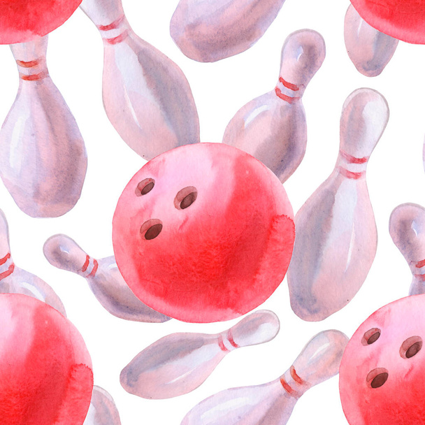 Watrercolor bowling zökkenőmentes minta. Absztrakt akvarell illusztráció. Bowling golyó és csapok fehér háttér. Divattextil nyomat, csomagolás, web háttér tervezése. - Fotó, kép
