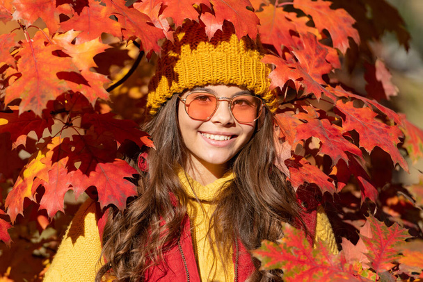 Teen child girl on autumn fall leaves background. Lächelndes Mädchen mit Sonnenbrille bei Herbstblättern auf natürlichem Hintergrund. - Foto, Bild