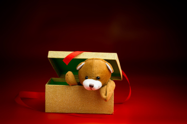 ギフト用の箱から飛び出るクリスマスぬいぐるみ - 写真・画像