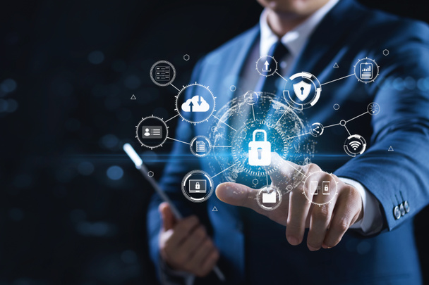 Cybersecurity and privacy concepts to protect data. Lock icon and internet network security technology. Businessmen protecting personal data on virtual interfaces. - Photo, Image