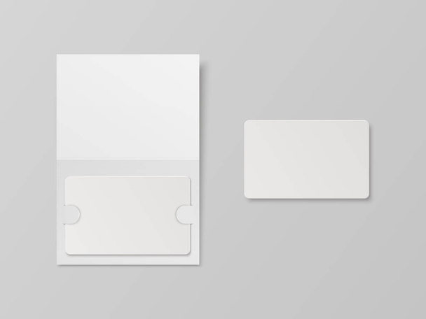 Vector 3d Realistic White Guest Room, Plastic Hotel Apartment Keycard, ID Card, Sale, Credit Card Design Template with Paper Cover Case, Wallet for Mockup, Branding. Top View. - ベクター画像