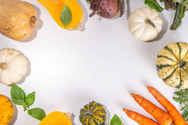Cuisine d'automne, contexte alimentaire biologique de la ferme. Concept de récolte. Planche à découper avec des légumes frais citrouilles colorées, courge, betterave, carottes, chou, sur une table en marbre blanc. fond de cuisson - Photo, image