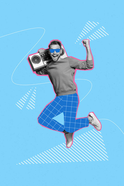 Creative photo 3d collage poster postcard of happy guy jump rejoice good mood isolated on painting background. - Valokuva, kuva
