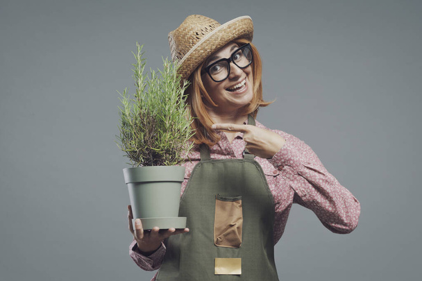 Happy woman holding a lush rosemary plant, gardening and hobby concept - Fotoğraf, Görsel