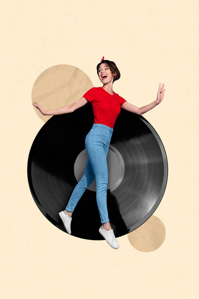 Collage 3d image of pinup pop retro sketch of elegant cute charming young woman wear retro vintage clothes enjoy vinyl record music party. - Photo, Image