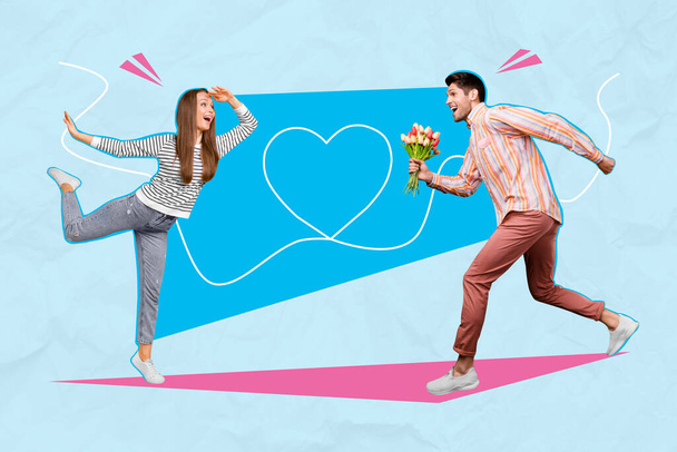 Creative abstract template collage of funky funny man woman couple date matches tv show look for love heart bachelorette bouquet present. - 写真・画像