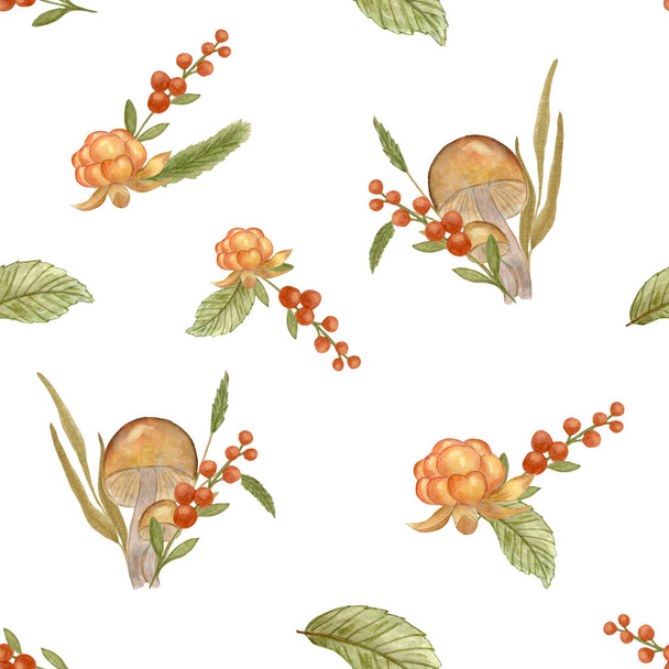 Syksyn akvarelli Saumaton kuvio Cloudberry ja sieniä. Syksyn lehdet ja punaiset marjat. Pakkaus-, paperi-, leikekirja- ja tekstiilisuunnittelu - Valokuva, kuva