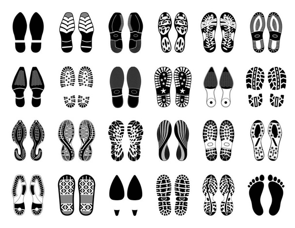 Ayakkabı izleri, taban ve bot izlerinin ayak izleri, vektör siluetleri. Ayakkabı izleri ya da insan ayağı tabanı ya da bot izleri ve yalın ayak izleri, işaretler ya da spor ayakkabıları ve parmak arası terlikler. - Vektör, Görsel