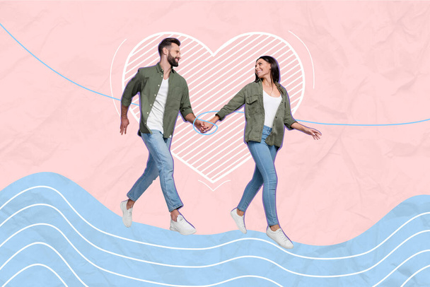Creative trend collage of cute charming lovers couple girlfriend boyfriend celebrate valentine day dating walking hold hands heart shape. - Фото, зображення