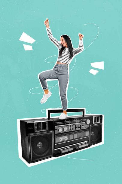 Collage 3d image of pinup pop retro sketch of happy dancing student raise hands stand big retro vintage boombox tape recorder have fun. - Zdjęcie, obraz