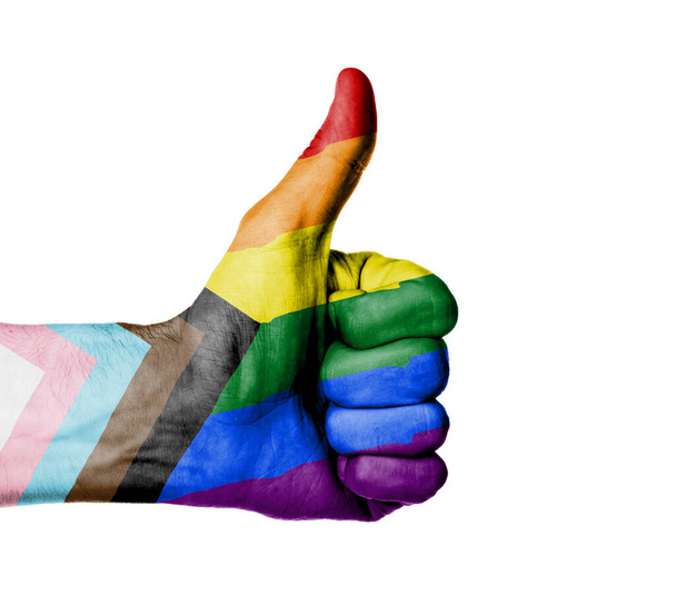 Hüvelykujj fel, elszigetelt fehér - Progress LMBTQ szivárvány zászló - Fotó, kép
