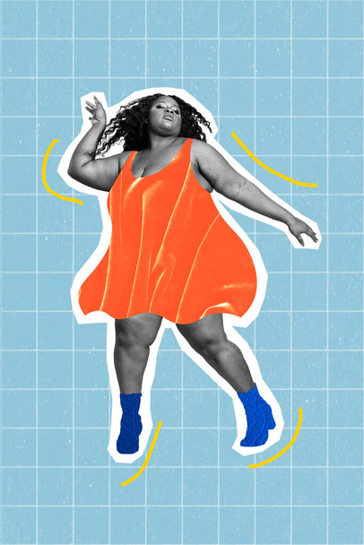 Vertical collage image of overjoyed carefree girl black white effect enjoy dancing isolated on drawing checkered background. - Foto, Imagem