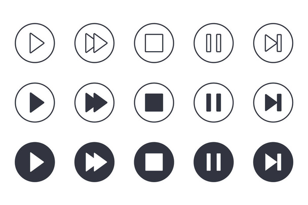 Vector button icons play stop pause. Editable stroke. Set of line silhouette icons video audio. Isolated elements on white background. - ベクター画像