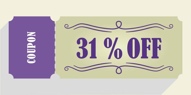 31% off coupon vector. thirty one percent discount coupon. Purple and beige colors.  Perforated coupon. Drop shadow. - Vector, Image