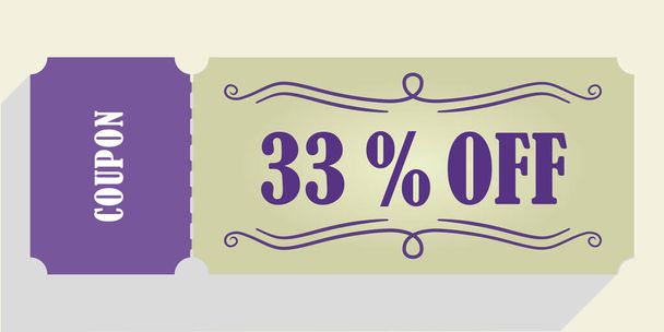 33% off coupon vector. thirty three percent discount coupon. Purple and beige colors.  Perforated coupon. Drop shadow. - Vector, Image