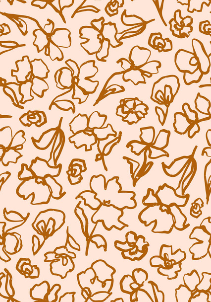 Abstract line art floral seamless repeat pattern. Random placed, vector botany all over surface print on beige background. - ベクター画像