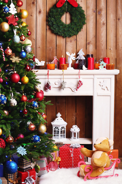 Fireplace with Christmas decorations - Photo, image