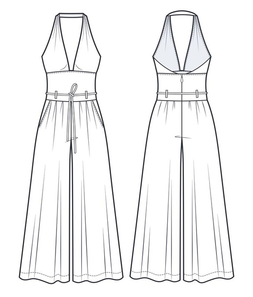 Women's overall Jumpsuit technical fashion Illustration. Jumpsuit with Palazzo Pants fashion flat technical drawing template, drapery, straps, pockets, off shoulder, v neckline, zip up, belted, front, back view, white, CAD mockup. - Vector, imagen