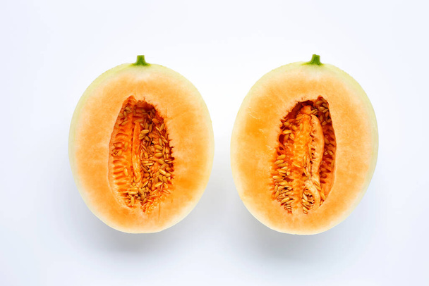 Cantaloupe melon in plate on white background. - Zdjęcie, obraz