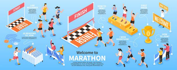 Infografica maratona isometrica con persone che corrono dall'inizio alla fine illustrazione vettoriale - Vettoriali, immagini