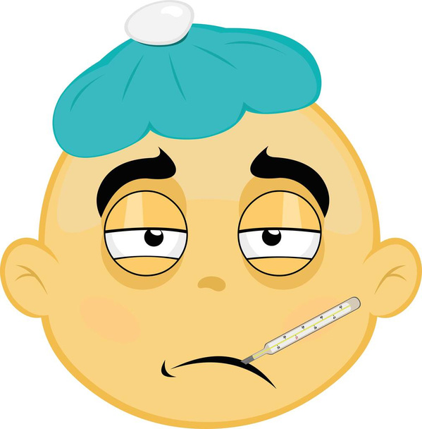 Vektor illusztráció emoji hőmérővel a szájában, sápadt és egy zsák víz a fején. - Vektor, kép