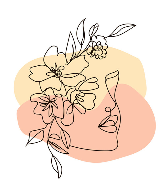 Girl with different plant, line drawing. Line face illustration, woman with flower on had. Vector illustration concept. - Vector, afbeelding