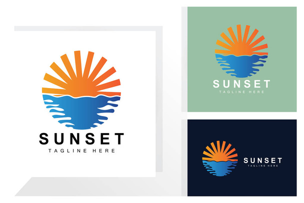 Sunset Beach Logo Design, Seascape Illustration, Red Day Vacation Spot Vector - Vektori, kuva